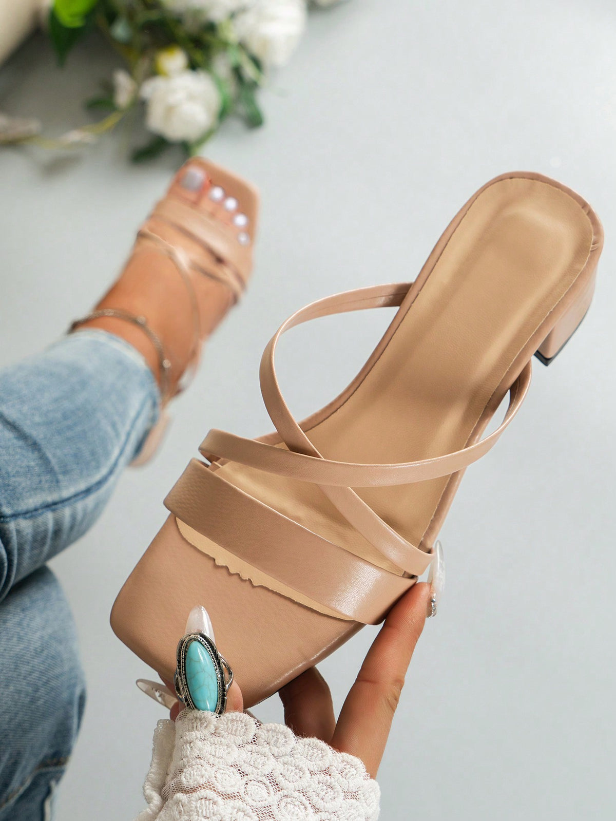 Women's Orange High Heel Sandals, Peep Toe Chunky Heel Strappy
