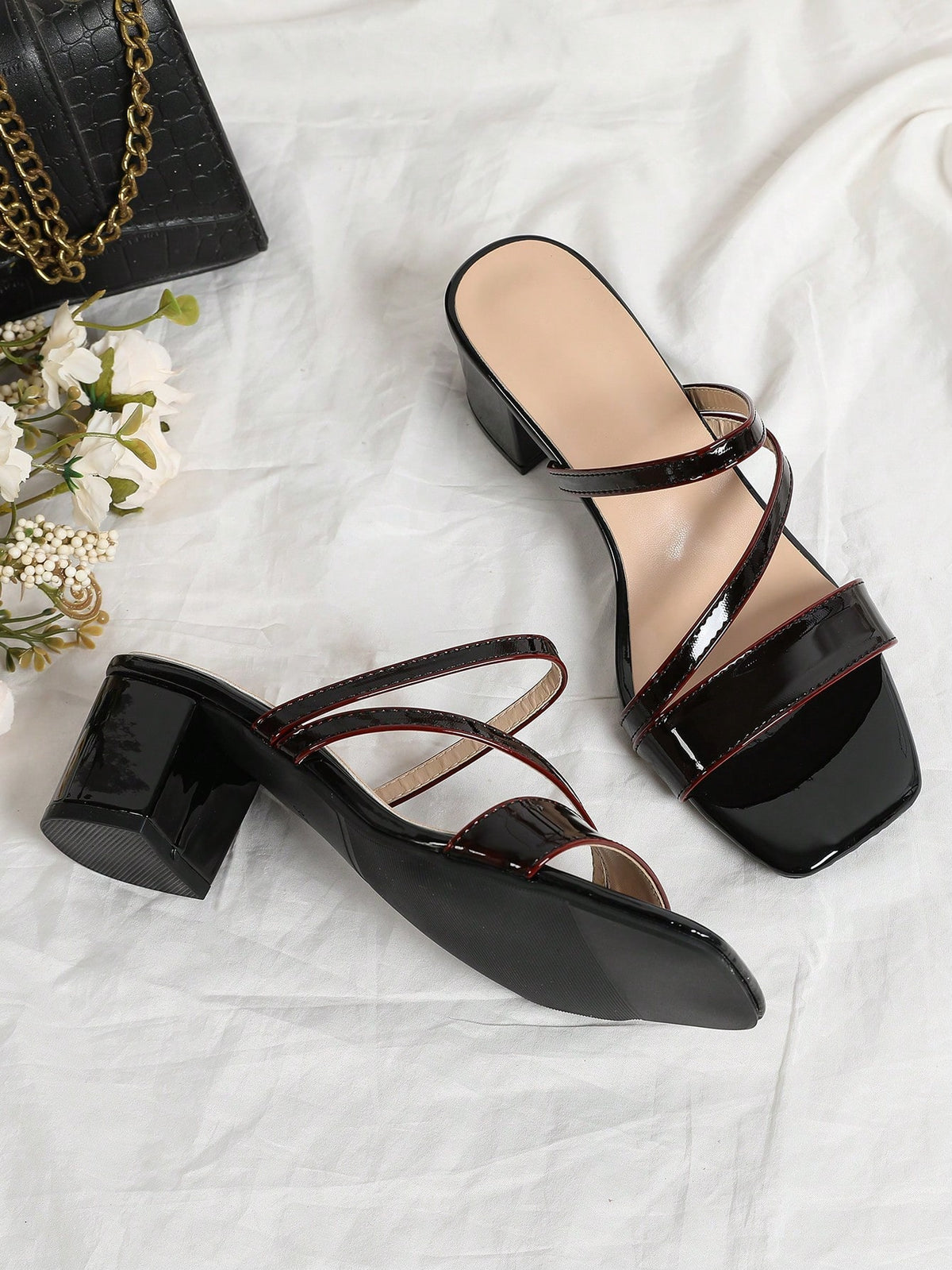 Women's Vibrant Orange Patent High Heel Sandals With Strap & Square Toe, Comfortable Outdoor Casual Chunky Heeled Shoes