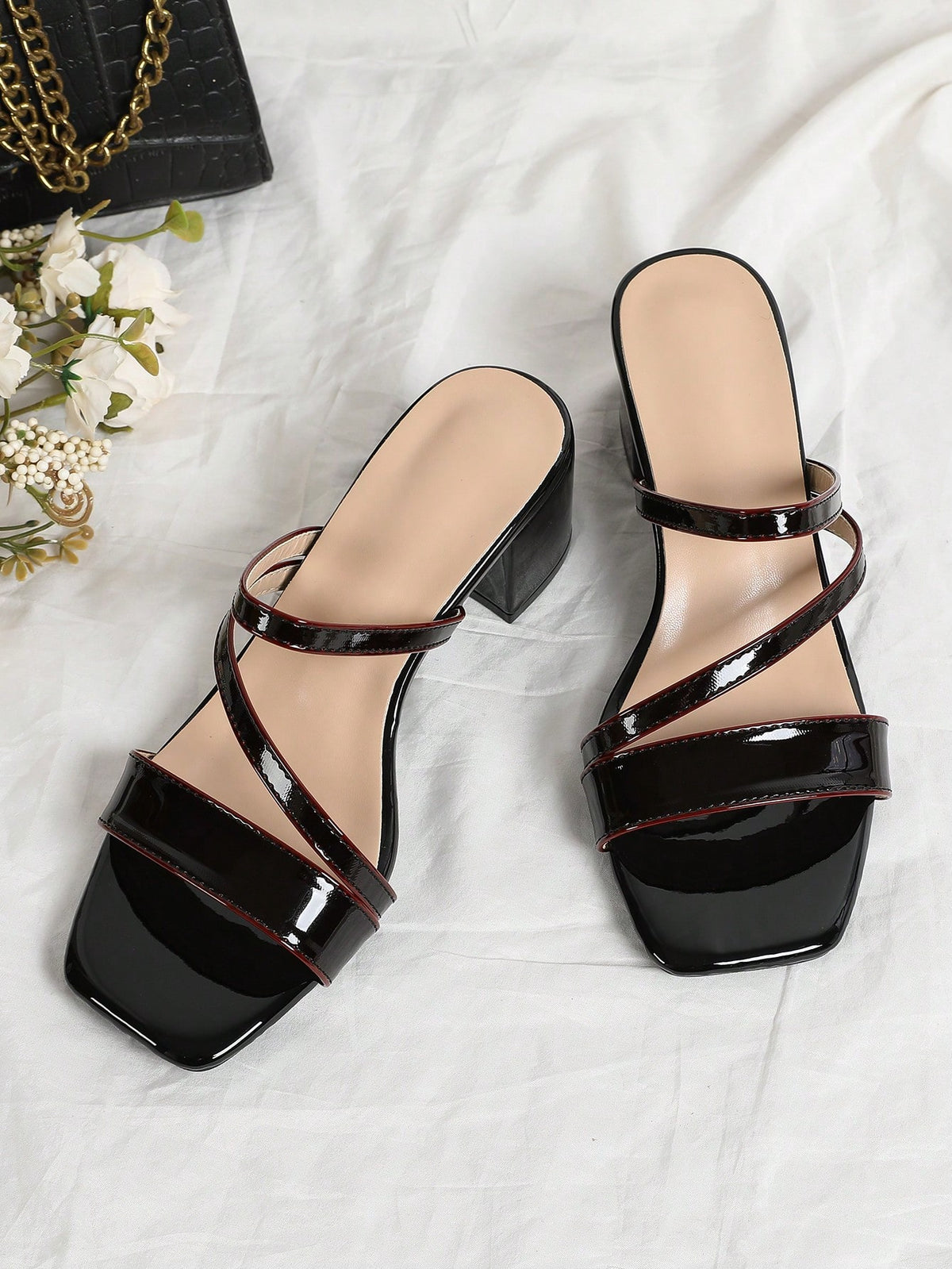 Women's Vibrant Orange Patent High Heel Sandals With Strap & Square Toe, Comfortable Outdoor Casual Chunky Heeled Shoes