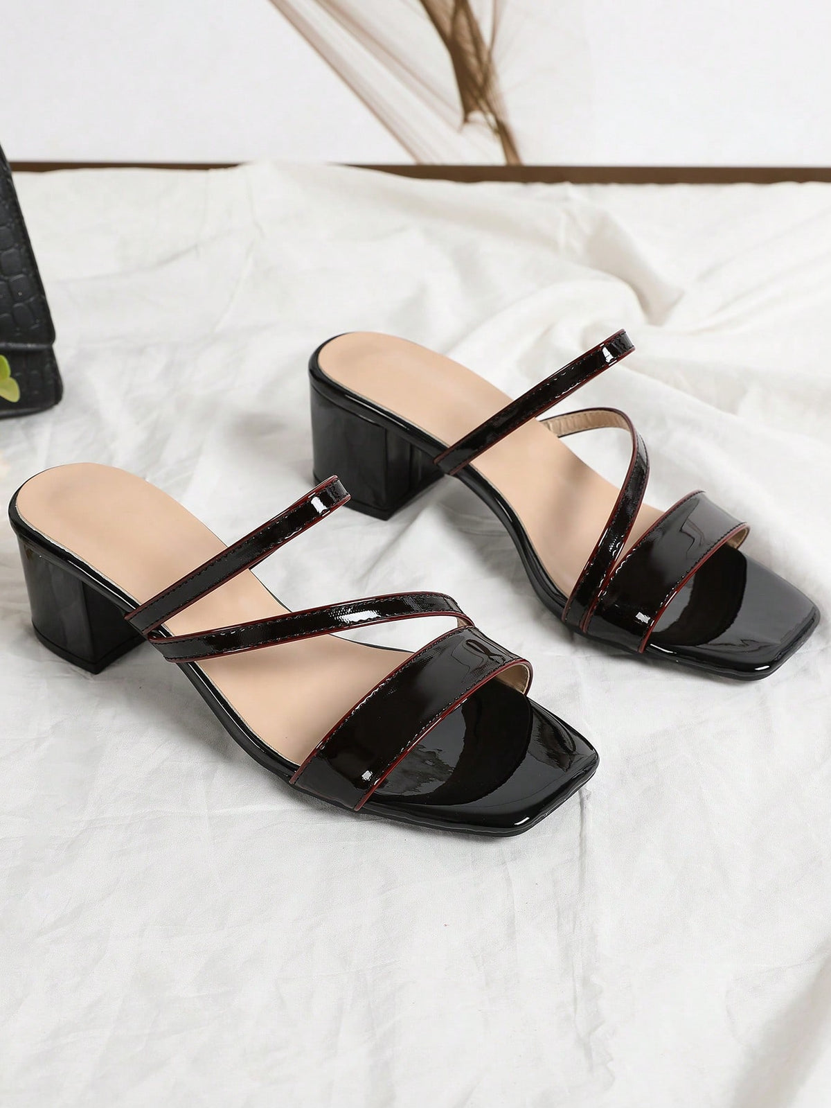 Women's Vibrant Orange Patent High Heel Sandals With Strap & Square Toe, Comfortable Outdoor Casual Chunky Heeled Shoes