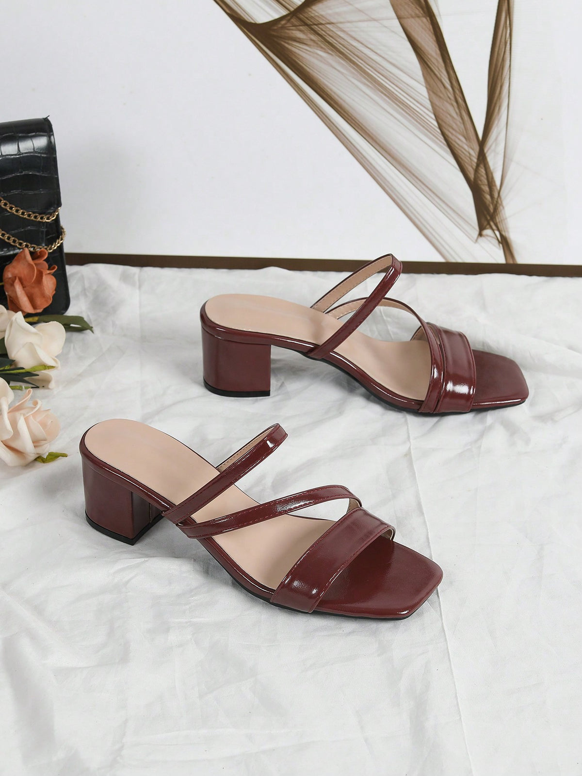 Women's Vibrant Orange Patent High Heel Sandals With Strap & Square Toe, Comfortable Outdoor Casual Chunky Heeled Shoes