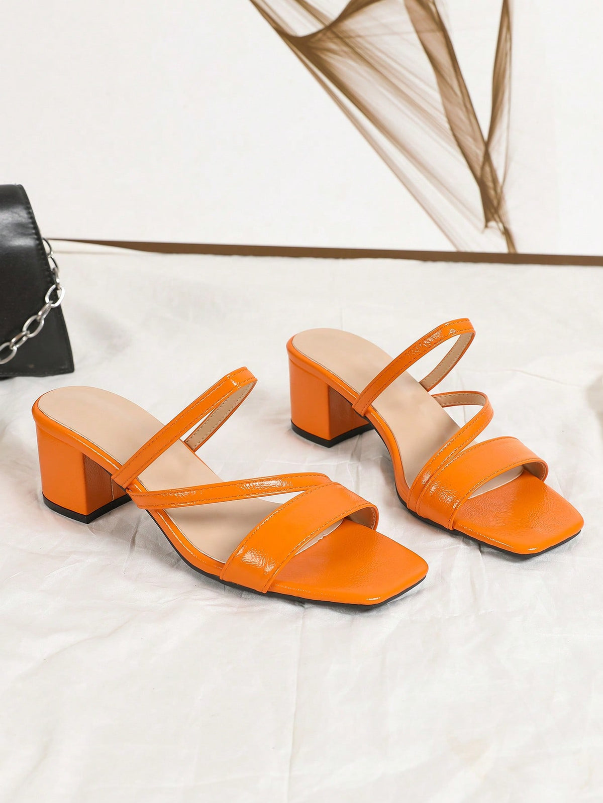 Women's Vibrant Orange Patent High Heel Sandals With Strap & Square Toe, Comfortable Outdoor Casual Chunky Heeled Shoes