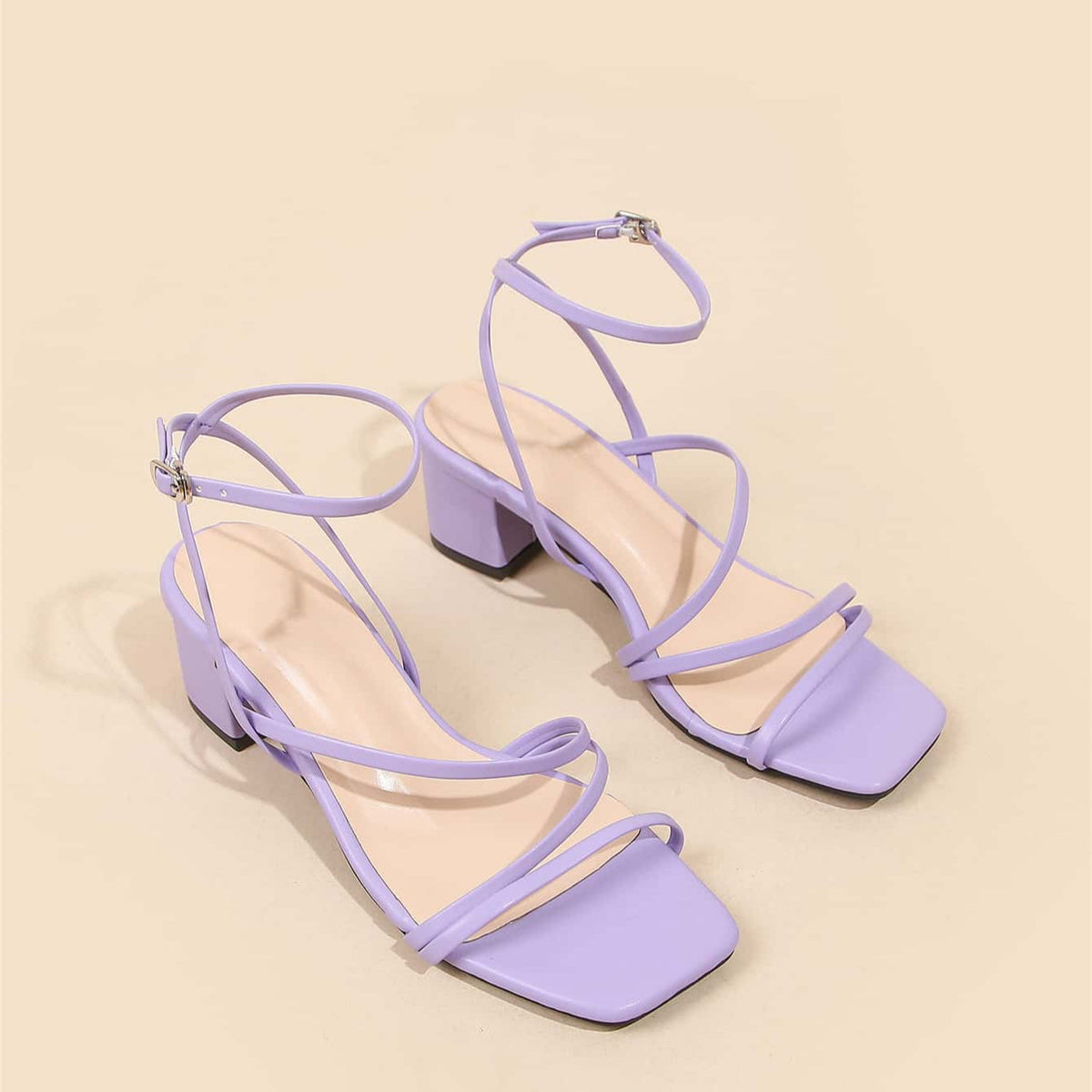 Square toe ankle strap sandals in purple color