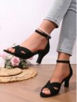 New Fashionable Strap Buckle French Open Block Thick Heel Mid-Heel Ankle-Strap Sandals – Black, Maroon, Blue, Apricot | Versatile High Heel Shoes for Women in Pakistan – Glameze